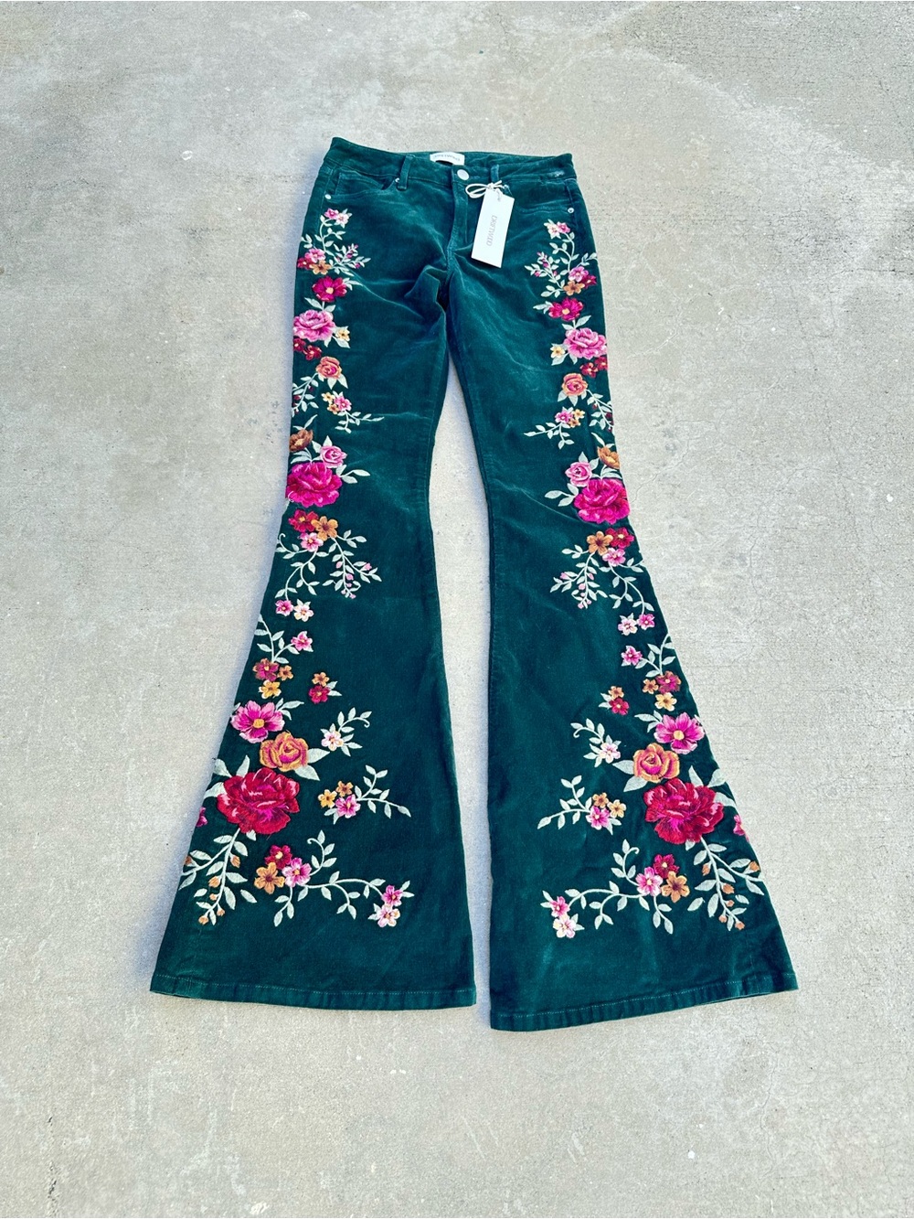 Driftwood Farrah Corduroy Embroidered Floral Flare Pants|Dark Green multi NWT~24 - Picture 2 of 6